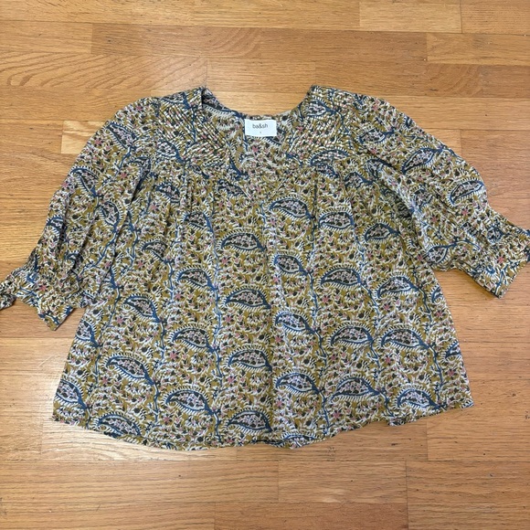 Ba&sh Green Paisley Preppy Quiet Luxury Embroidered Boho Chic Tie Sleeve Top 1/S - Picture 1 of 7